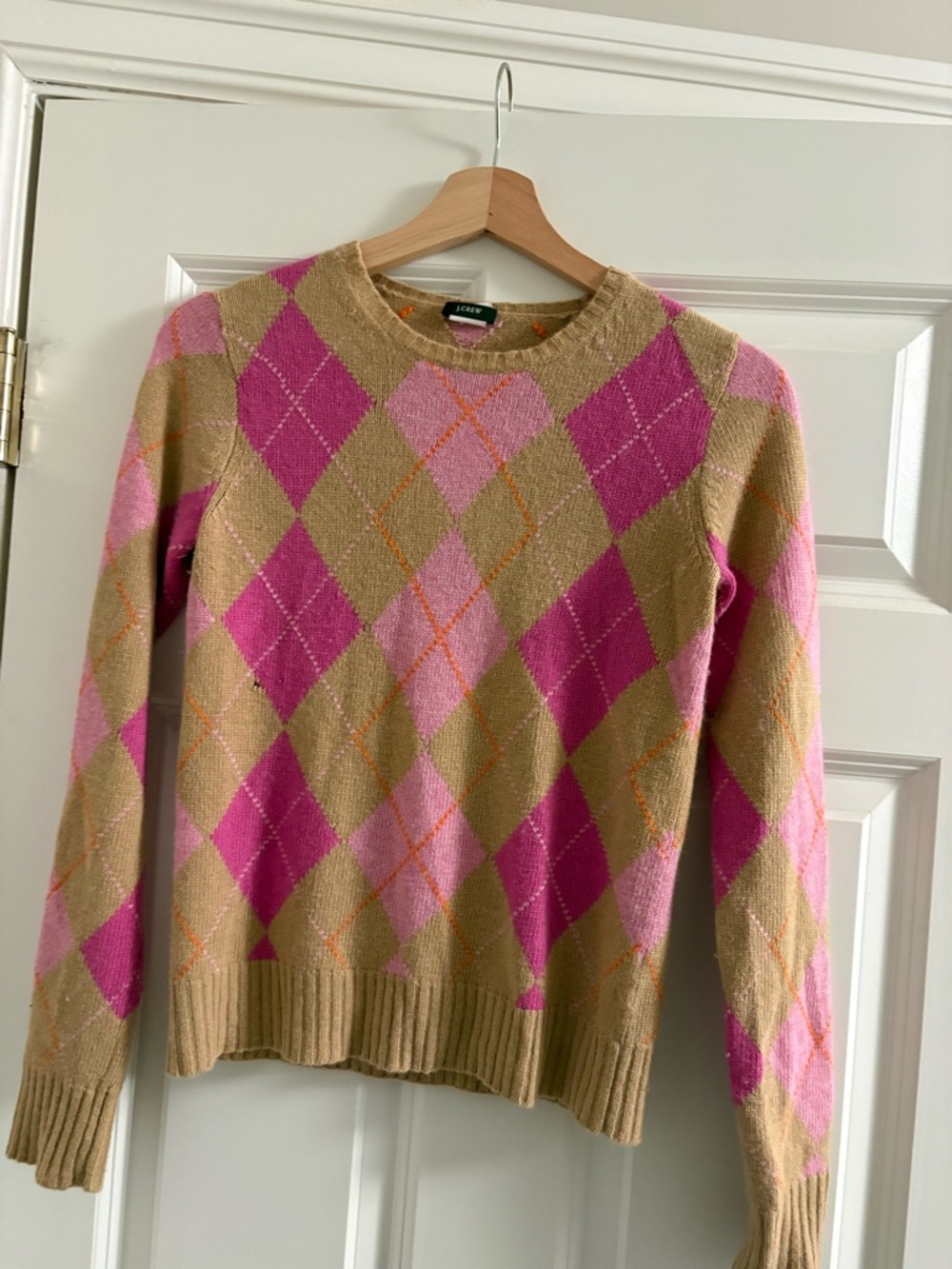 J. Crew Pink and Tan Argyle Crewneck Sweater